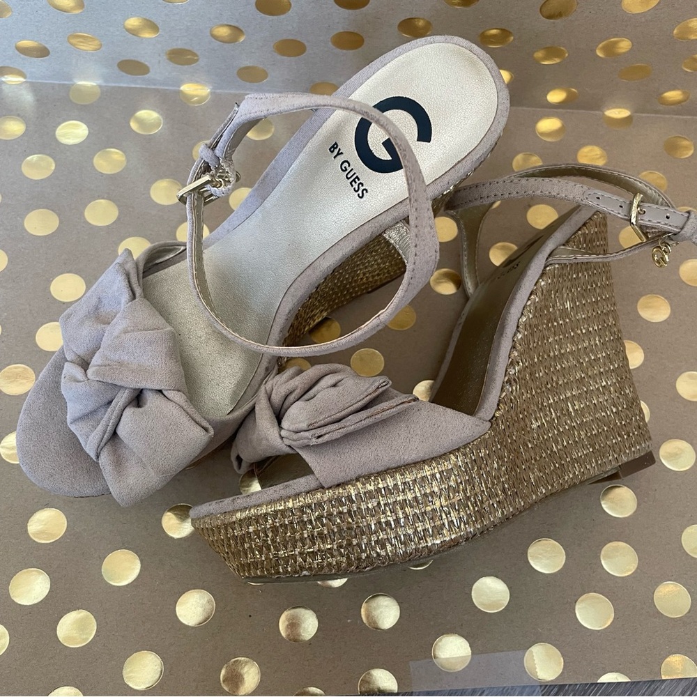 G by Guess Tan Gold Wedge Sandals with Bow Detail